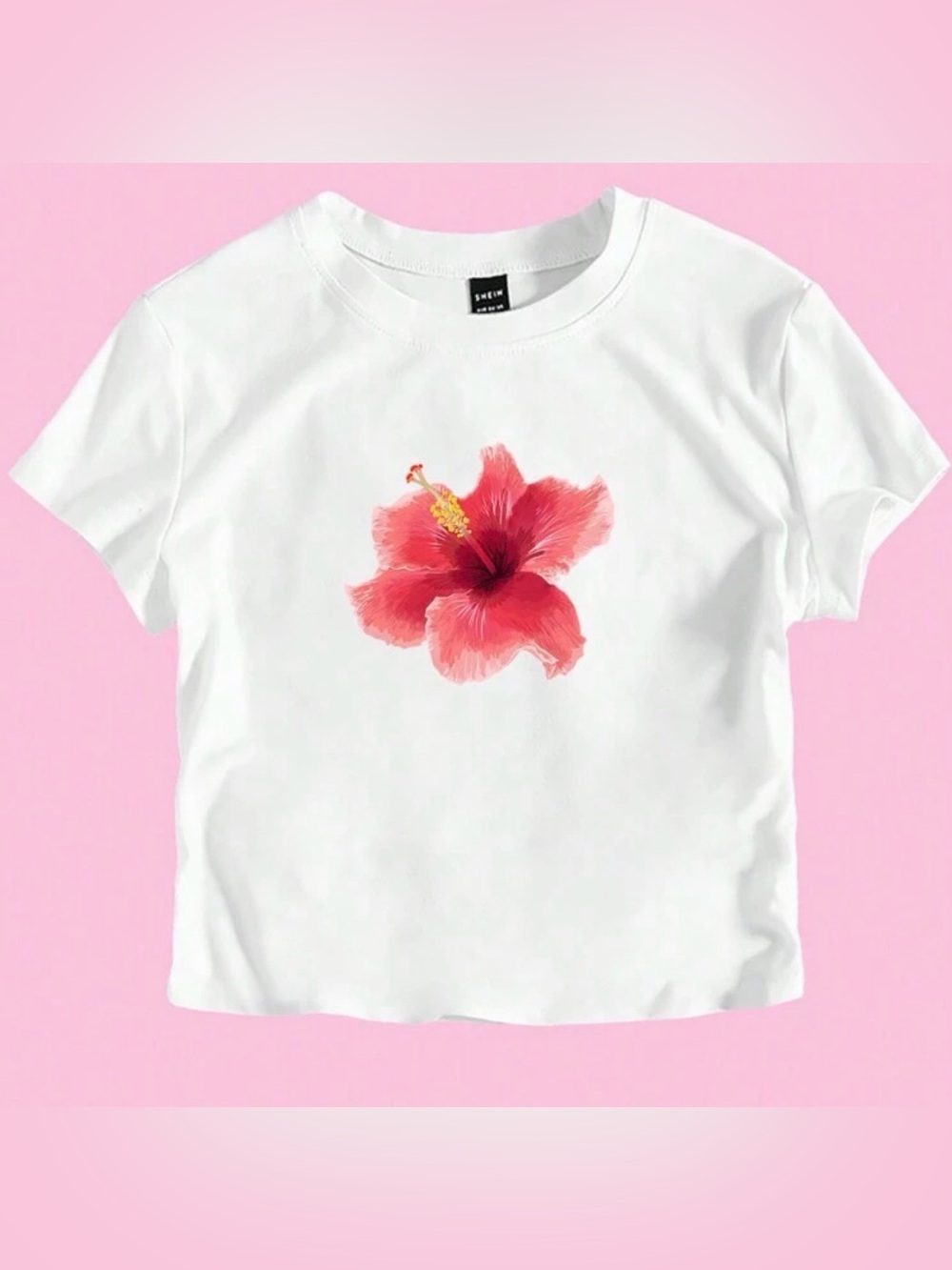 Y2K White Crop Top 1XL | Pink Hibiscus Graphic Tee